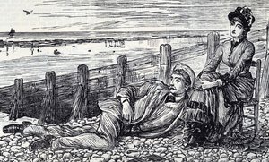 Tecknad film föreställande ett par som njuter av sin smekmånad på en klapperstensstrand av George du Maurier