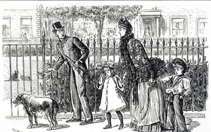 Tecknad film föreställande en familj som går på gatorna i det viktorianska London av George du Maurier