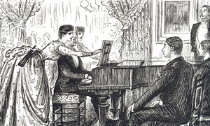 Tecknad film föreställande en musikalisk kväll hemma av George du Maurier