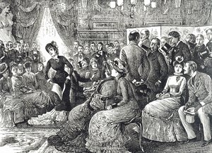 Tecknad film föreställande en typisk salongskonsert av George du Maurier