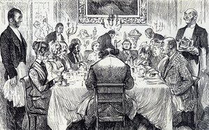 Tecknad film föreställande en elegant soirée i ett viktorianskt hem av George du Maurier