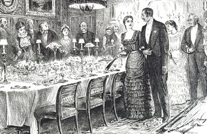 Tecknad film med titeln "Going into Dinner" föreställande ett ungt par som går in i en matsal av George du Maurier