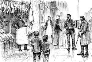 Gravyr som föreställer en slaktare och poulterer som fotograferas framför sin julutställning av George du Maurier. George du Maurier (1834-1896), en fransk-brittisk serietecknare och författare. Daterat 1800-talet ©UIG/Leemage av George du Maurier