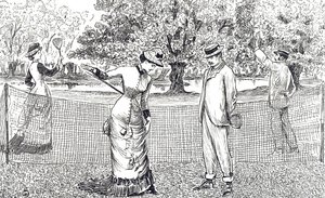 Gravyr som föreställer en kvinnlig tennisspelare i obehag på grund av hennes nya gummiskor av George du Maurier