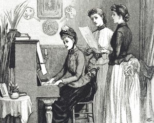 Gravyr föreställande unga damer som sjunger i salongen av George du Maurier
