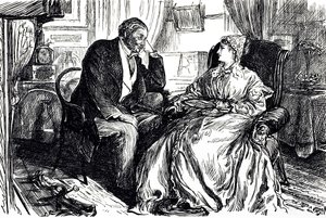Georges du Maurier tecknad film som illustrerar en man och kvinna i samtal om de lugnande fördelarna med torskleverolja. England 1869 av George du Maurier