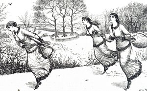 Illustration som visar flickor som sätter spåren för haren och hundarna av George du Maurier