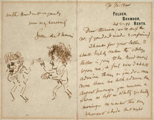 Brev med teckning av Whistler som hotar Du Maurier av George du Maurier
