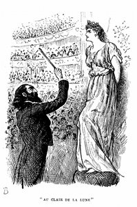 Trilby den tondöva? som inte kunde skilja ett C från ett F som gav konsert under Svengalis hypnotiska inflytande. Illustration av George Du Maurier för hans roman Trilby, London av George du Maurier