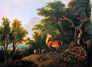 En hjort och tre hind i ett skogslandskap (olja på panel)