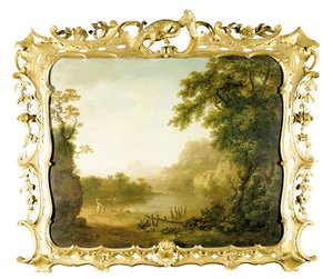 Ett italienskt trädbevuxet flodlandskap med figurer i förgrunden och en by bortom, 1755