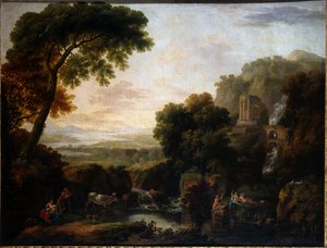 Italienskt landskap med en capriccio-vy av Tivoli, en herde och herdinna och boskap