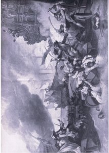 Slaget vid La Hogue, 23-24 maj 1692: Förstörelse av den franska flottan, illustration från brittiska striderna på land och hav, 1915