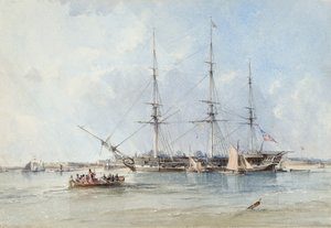 Blackwall-fregatten Seringapatam för ankar utanför Tilbury Fort av George the Elder Chambers