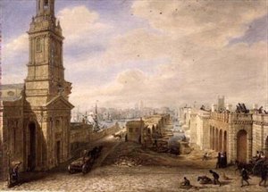 Old London Bridge med byggandet av den nya bron bredvid