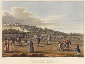Genomgång av de brittiska trupperna vid Montmatre [sic], nära Paris, av hertigen av Wellington, 21 oktober 1815, graverad av M. Dubourg, 1819 (färgad akvatint)