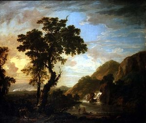 Skogbevuxen flodlandskap med figurer i förgrunden och kaskad utanför av George the Younger Barret