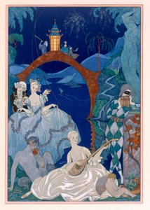 Ball Under the Blue Moon, illustration för "Fetes Galantes" av Paul Verlaine (1844-96) publicerad 1928 (pochoirtryck)