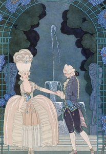 Kärlek under fontänen, illustration till "Fetes Galantes" av Paul Verlaine (1844-96) 1928 (pochoirtryck)