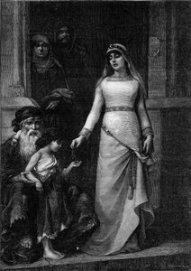 Blanche de Castille, Frankrikes drottning (1188 - 1252), med smeknamnet kärleken till de fattiga” (1879). Gravyr efter målningen av Georges Moreau de Tours (1848-1901) i ""The Illustrous World"" nr 1267 den 9 juli av Georges (after) Moreau de Tours