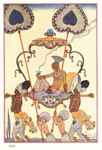 En ädel kvinna bränner rökelse i en palankin, forntida Indien 1928 (tryck) av Georges Barbier