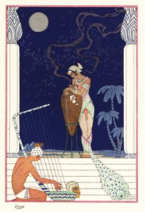 En drottning står och luktar bränd doft, forntida Egypten 1928 (tryck) av Georges Barbier