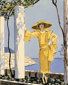 Amalfi, illustration av en kvinna i en gul klänning av Worth av Georges Barbier