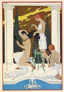 Antika Rom. En person som får håret tvättat av tjänare. av Georges Barbier