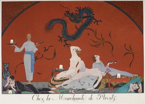 Chez la Marchande de Pasots. Människor, några nakna, ligger runt i ett rum. Kinesisk dekoration. av Georges Barbier