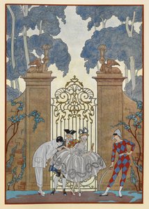 Colombine. Människor som står utanför en grind. En pierrot. av Georges Barbier