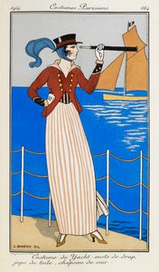 Costume de Yacht: veste de drap, jupe de toile, chapeau de cuir. En kvinna som bär en yachtdräkt: en röd tygjacka, randig linnekjol, en läderhatt och en blå halsduk. Hon använder ett teleskop och pekar på båten i bakgrunden. Kostymer Parisiens. av Georges Barbier