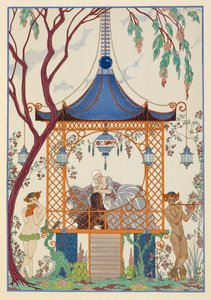 Cythère. En man och kvinna i en paviljong, omfamnade. Mytiska varelser utanför som spelar pipor. av Georges Barbier