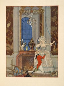 Danceny som förklarar sin kärlek till Cecile, illustration från "Les Liaisons Dangereuses" av Pierre Choderlos de Laclos (1741-1803) pub. 1934 (stenciltryck) av Georges Barbier