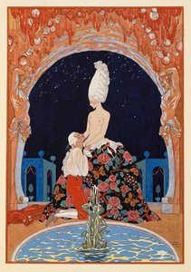 Dans la Grotte. En man som knäböjer framför en halvnaken kvinna, vid en fontän. av Georges Barbier