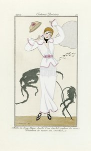 Design för vit klänning med rosa kant och virkat bälte, från Costumes Parisien, pub.1912 (pochoir-tryck) av Georges Barbier