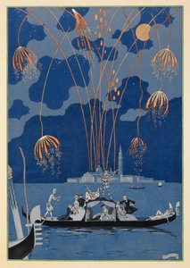 En bateau. Fyrverkerier i Venedig. Människor i en gondol. av Georges Barbier