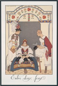 Falbalas and Fanfreluches, Almanacka för 1923, Between Two Fires, av George Barbier, tryck av Georges Barbier