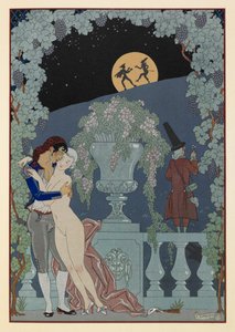 Fantoches. (Marionetter) från Debussys Fêtes Galantes, Scaramouche och Pulcinelle. Man som omfamnar en naken kvinna. Två figurer i siluett mot månen. av Georges Barbier