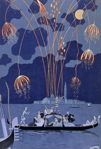 Fyrverkerier i Venedig, illustration till "Fetes Galantes" av Paul Verlaine (1844-96) 1924 (pochoirtryck)