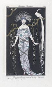 Stor aftonklänning i silverbrokad. Blå peruk, vapen, från Costumes Parisiens, pub.1914 (stenciltryck) av Georges Barbier