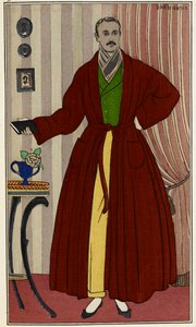 Man i morgonrock. Illustration av George Barbier (1882-1932), hämtad från Journal des dames et des modes. Paris 1912-1914. The British Library Institution, referens hyllmärke ID: P.P.5242.dc, pl.96, mittemot sidan 16. Man som bär ett omklädningsrum av Georges Barbier