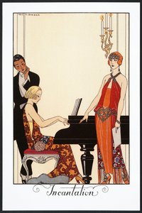 Besvärjelse, pianist och kvinna klädd i aftonklänningar, illustration från Falbalas et Fanfreluches, Almanacka från 1923