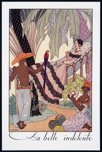 La Belle Indolente, litografi av George Barbier (1882-1932), från Falbalas et Fanfreluches, Almanach des Modes Presentes, Passees et Futures, Frankrike, 1900-talet av Georges Barbier