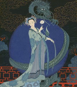 Dam med en drake (färg litho) av Georges Barbier