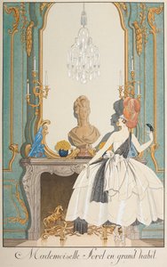Mademoiselle Sorel i stor vana. En kvinna som står framför en öppen spis. av Georges Barbier