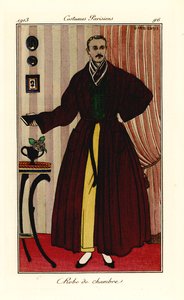 Man i morgonrock över gula byxor och grön väst. Morgonrock. Handfärgad pochoir (stencil) etsning efter en illustration av George Barbier från Tommaso Antonginis Journal des Dames et des Modes, Aux Bureaux du Journal des Dames, Paris av Georges Barbier