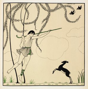 "Narcisse". Scen ur Narcisse, en klassisk balett framförd i en akt. Narcisse hade premiär 1911 i Monte Carlo. Pojken dansar i luften, bär på en herdeskurk, ett lamm står på bakbenen. av Georges Barbier