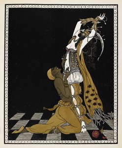 Nijinsky som guldslaven i Sheherazade, en symfonisk svit komponerad av Nikolai Rimsky-Korsakov 1888. Han står på knä framför Sheherazade, båda klädda i arabisk stil. av Georges Barbier