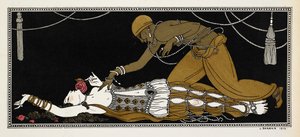 Nijinskij som guldslaven i Sheherazade, en symfonisk svit komponerad av Nikolai Rimsky-Korsakov 1888. Sheherazade ligger här på sin dödsbädd, den gyllene slaven lutad över henne av Georges Barbier