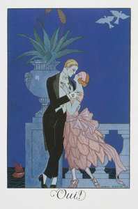 Ja, två unga fästman i aftonklänning, litografi av George Barbier (1882-1932), från Falbalas et Fanfreluches, Almanach des Modes Presentes, Passees et Futures
